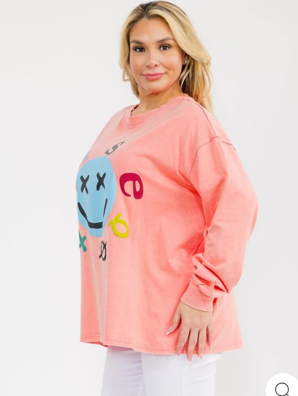 easel Coral Graphic Long Sleeve Tee with Multicolor Print